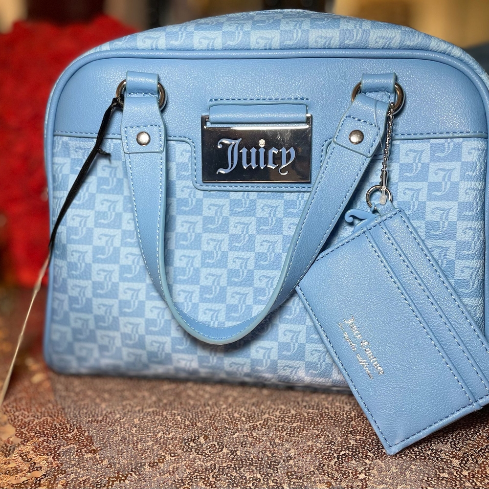 Juicy Couture Blue Satchel with Monogram Print and Silver Hardware